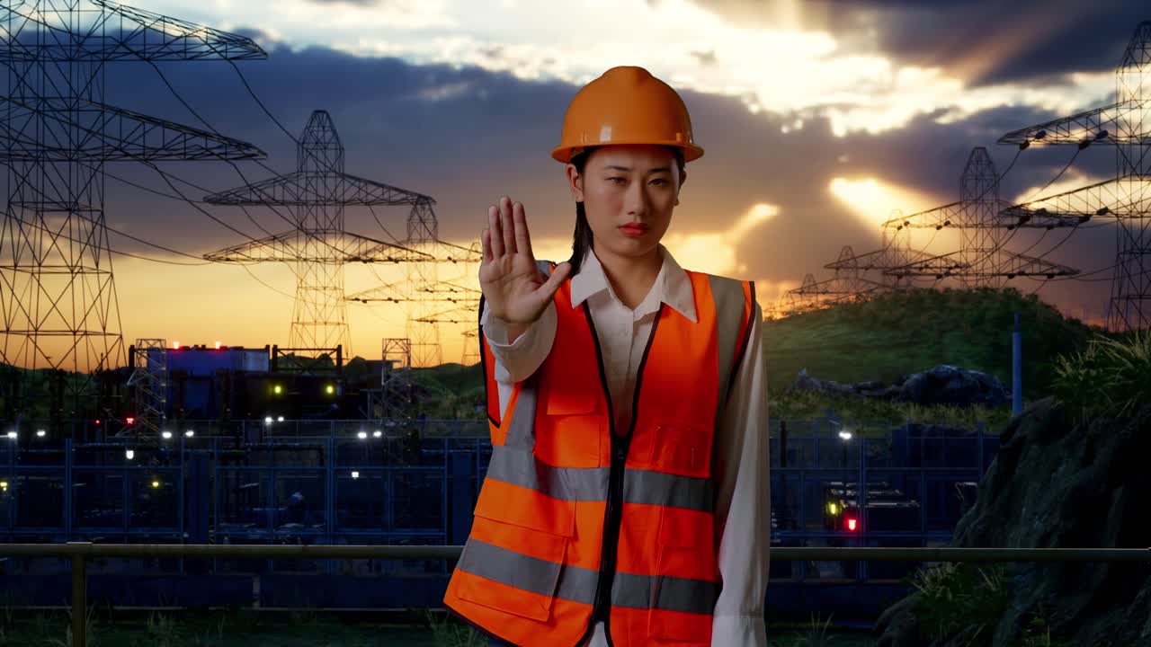 Woman Engineer at Power Plant Giving Stop Signal