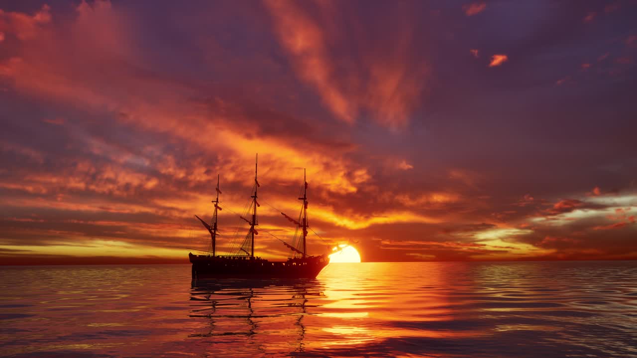 해가 지는 동안 바다에 있는 큰 중세 선박, 오래된 중세 배가 열린 바다에서 우아하게 항해한다.