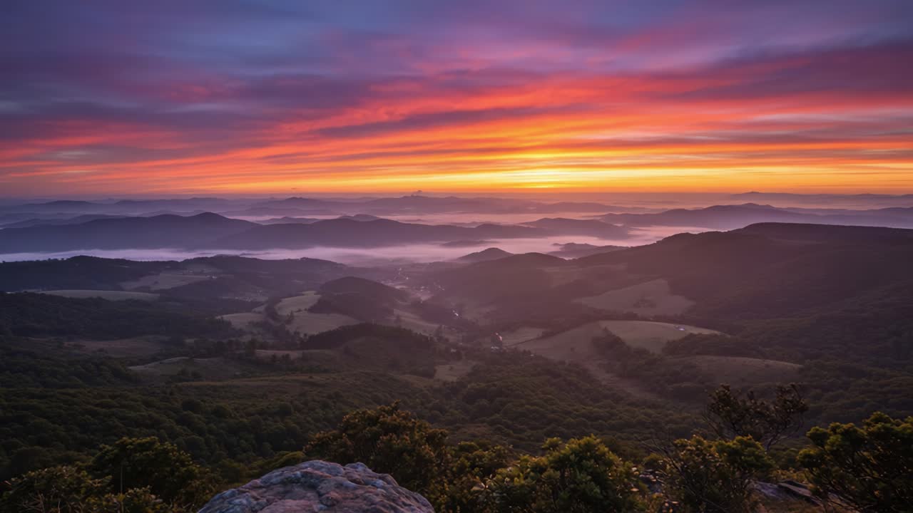 Breathtaking Sunset over Rolling Hills: A Captivating Display of Nature’s Beauty at Twilight with Vibrant Colors Casting Shadows in the Valley