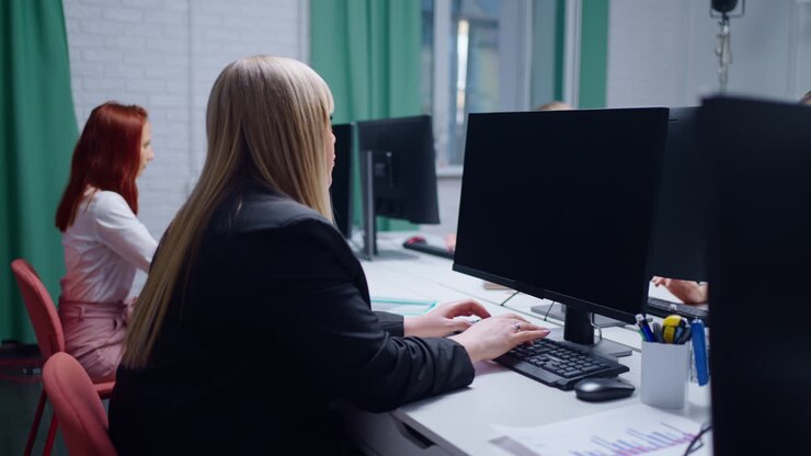 Zwei Geschäftsfrauen arbeiten an ihren Schreibtischen in einem Büro.