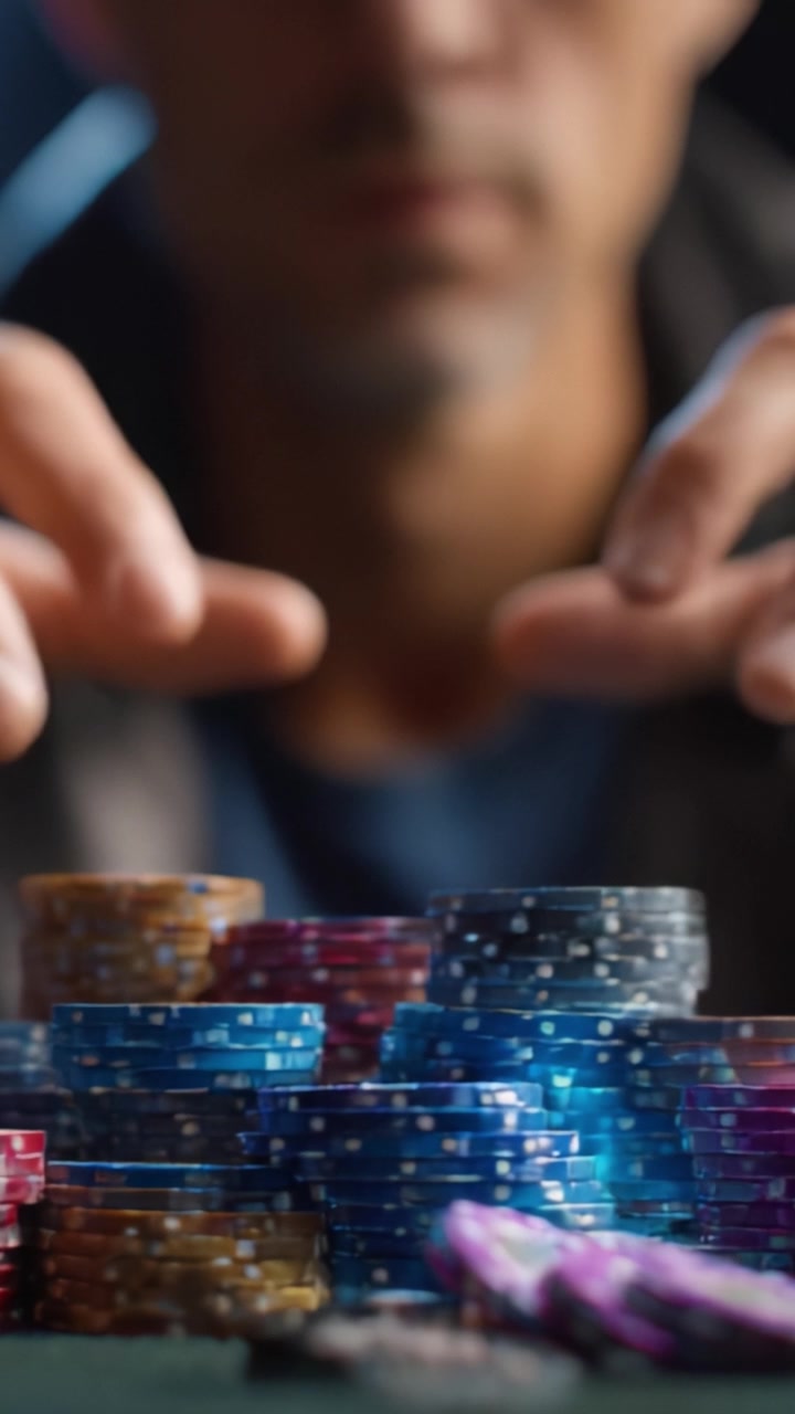 Un Jugador Concentrado Organiza Estratégicamente una Torre de Fichas de Póker en una Mesa, Listo para la Siguiente Ronda en un Entorno de Casino de Altas Apuestas