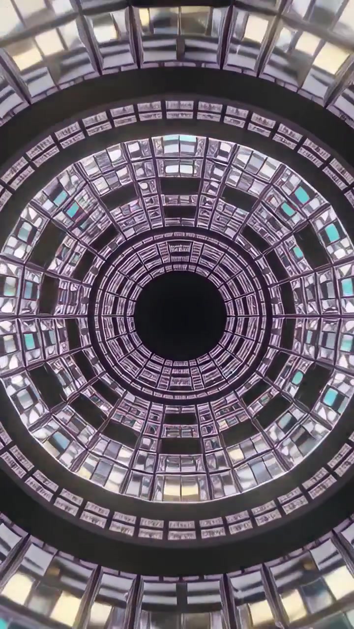 Video verticale: Panoramica che mostra anelli concentrici in una galleria, con LED che si accendono a ciclo come un tunnel attorno a un vuoto.