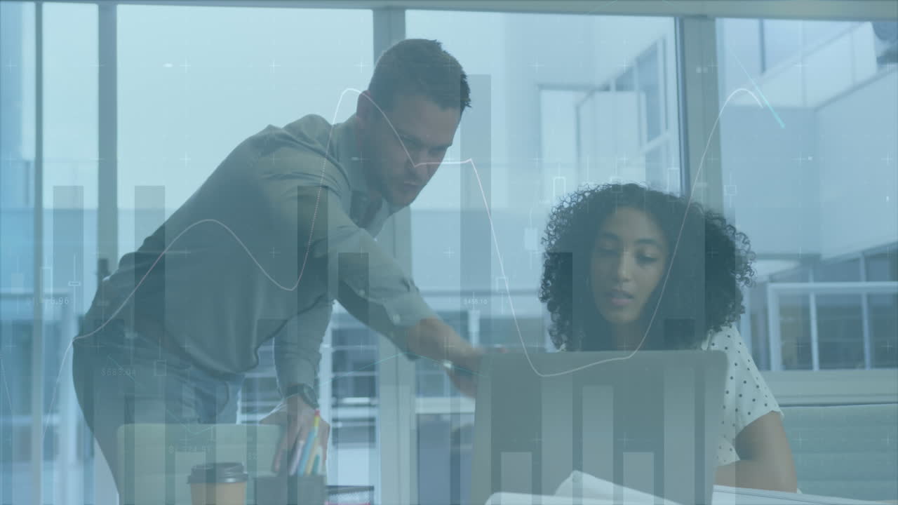 Animation of financial data processing over diverse business people in office