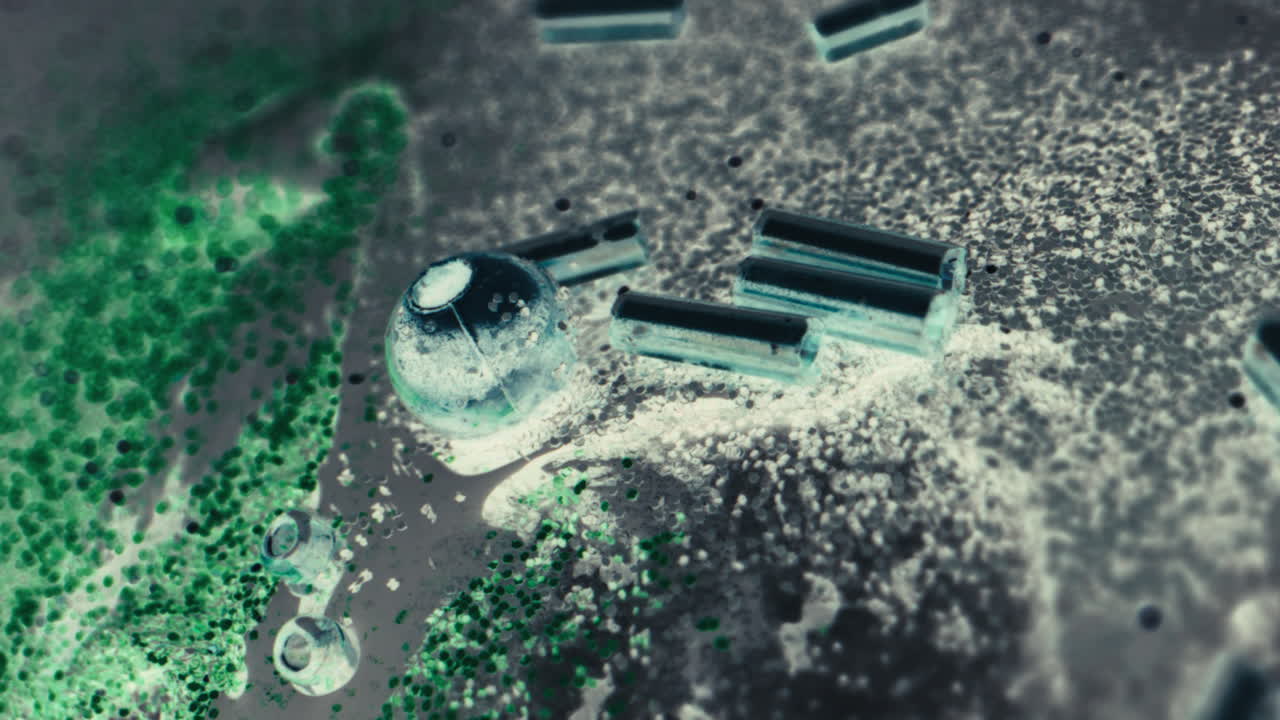 Close-up view of colorful beads, glitter and metallic cylinders on a textured surface.