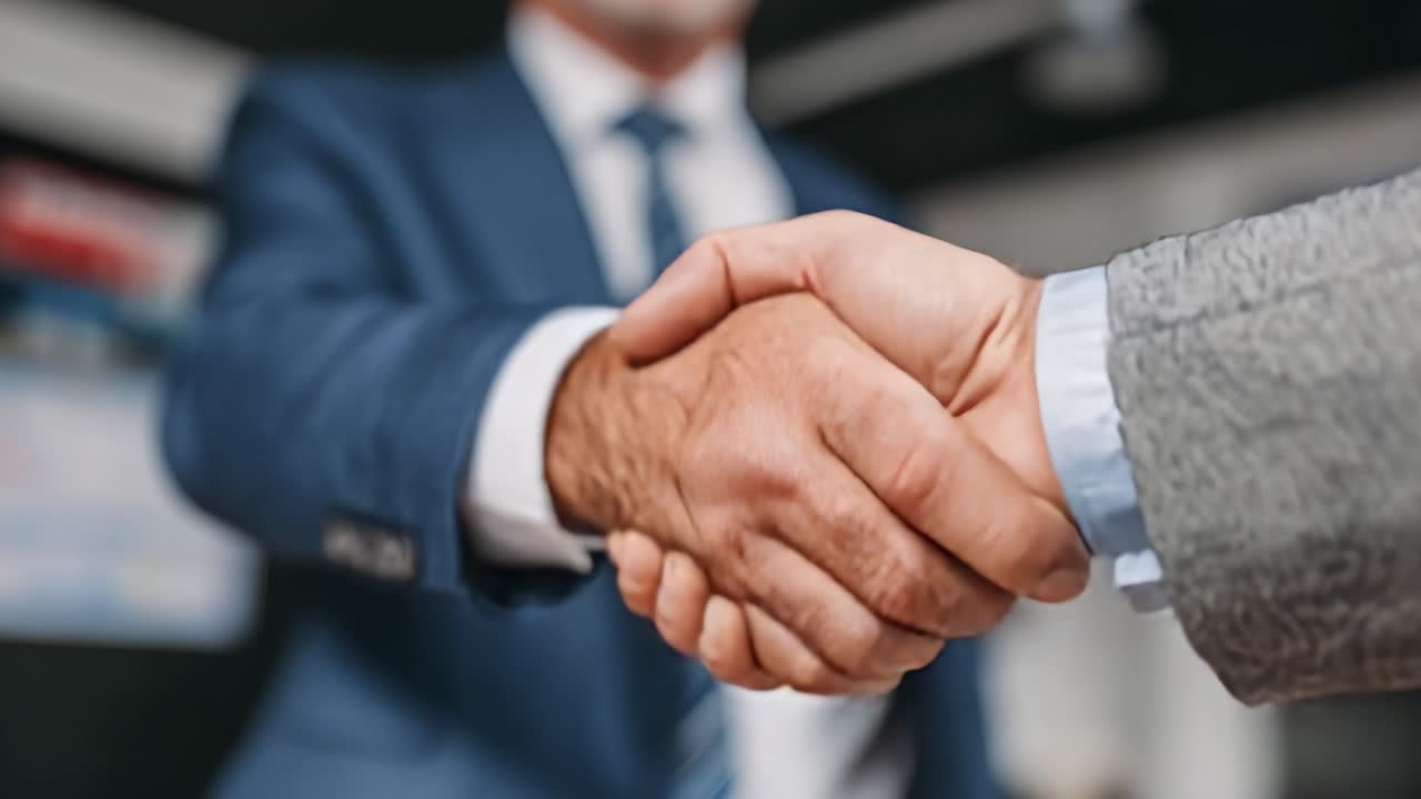 Un empresario profesional realizando un apretón de manos firme para cerrar un trato o acuerdo, simbolizando confianza y asociación en un entorno corporativo