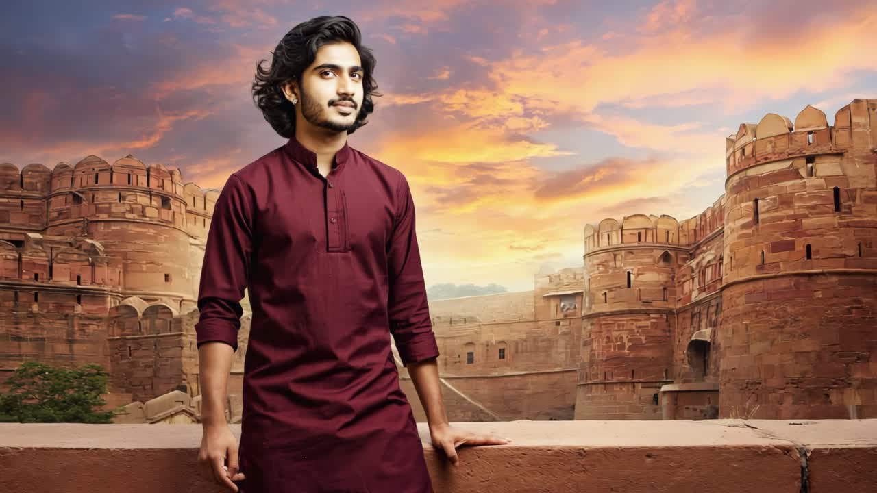 Young man wearing traditional clothes is posing in front of an ancient fortress at sunset, enjoying the beautiful view and the warm colors of the sky