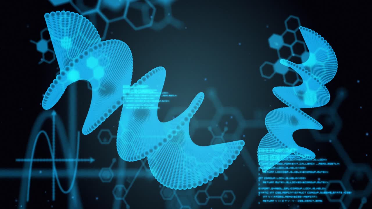 검은색 배경에 있는 dna 줄의 애니메이션과 데이터 처리