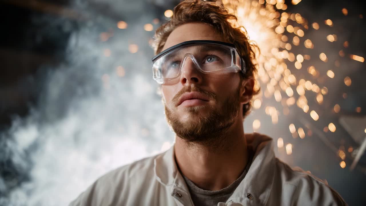 A determined individual wearing protective eyewear gazes upward amidst dramatic sparks and smoke, capturing the essence of focus and safety in a dynamic, industrial environment