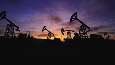 oil pump, oil industry equipment, drilling derricks silhouette from oil field at sunset with dramatic sky