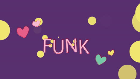 animación de texto funk sobre manchas y corazones en fondo púrpura