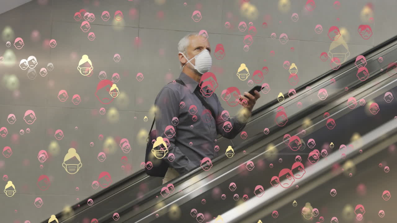 코로나19 아이콘의 애니메이션으로 얼굴 마스크를 쓰고 있는 노인