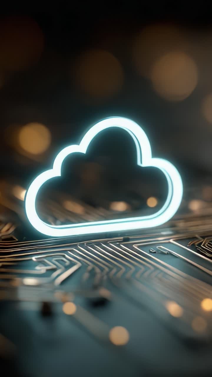 Una prospettiva mirata su un'icona cloud illuminata su uno sfondo di circuiti stampati, che rappresenta la fusione di tecnologia e connettività nella comunicazione digitale.