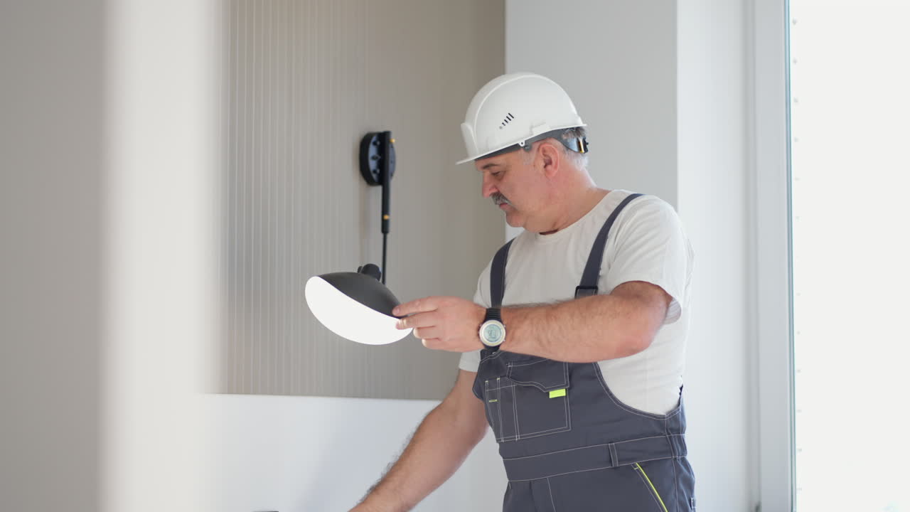 An elderly electrician checks the operation of the wall sconces of the lamp in the house after installation and repair
