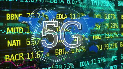 Animation-Von-5g-Text,-Mechanischen-Zahnrädern,-Handelstafel,-Grafiken-Und-Globus-Auf-Abstraktem-Hintergrund