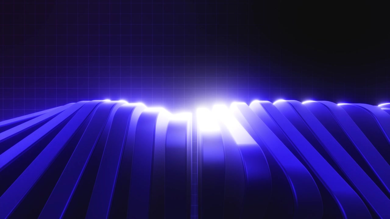 Abstract Blue Glowing Waves Moving in Dark Grid Space