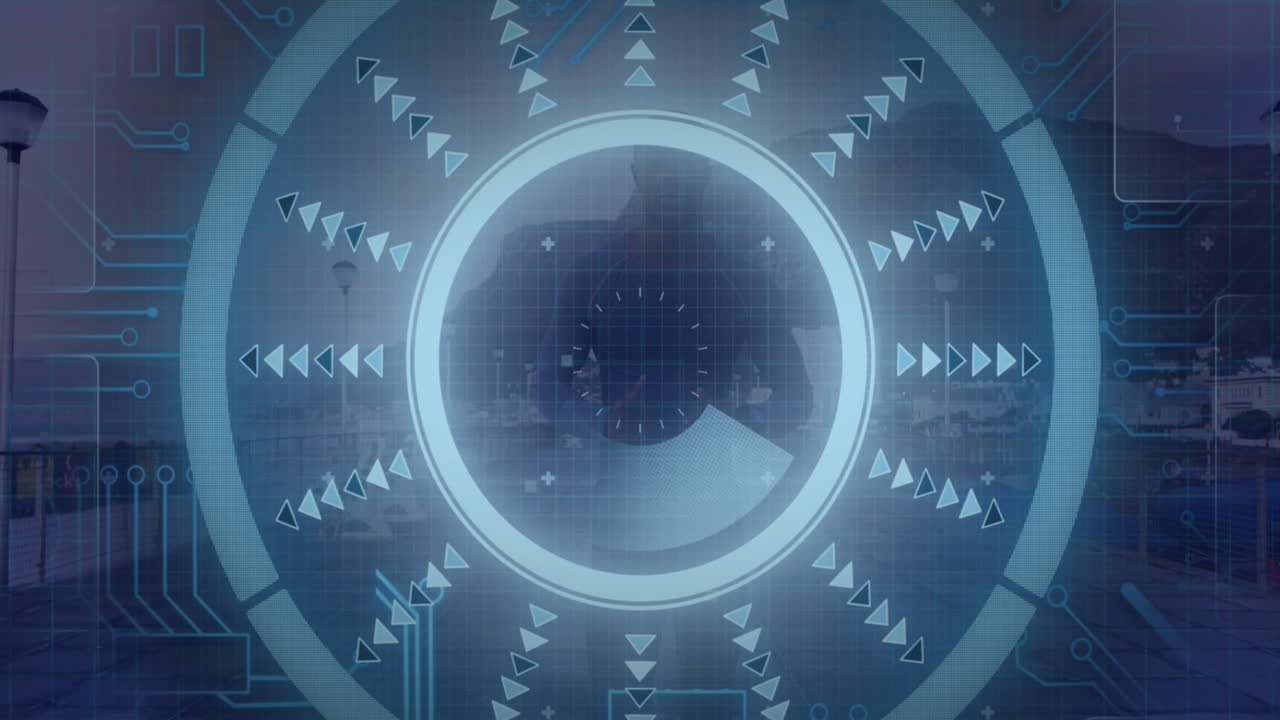 animación del procesamiento de datos sobre el hombre corriendo, haciendo ejercicio al aire libre.