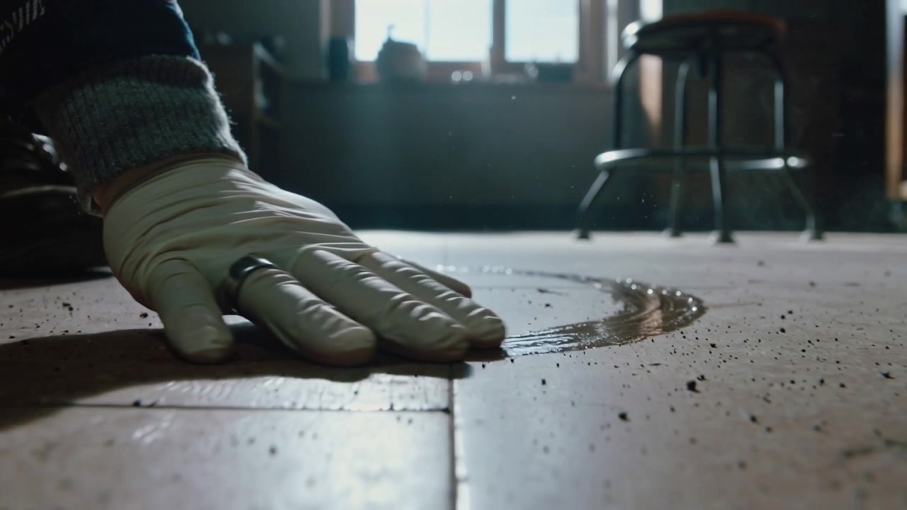 Making contact, gloved hand tracing wet ring on wood floor inspecting stain, showing knitted sleeve