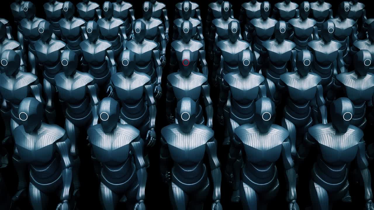 robots marchando lentamente. su líder está en el centro. escena de guerra tecnológica.