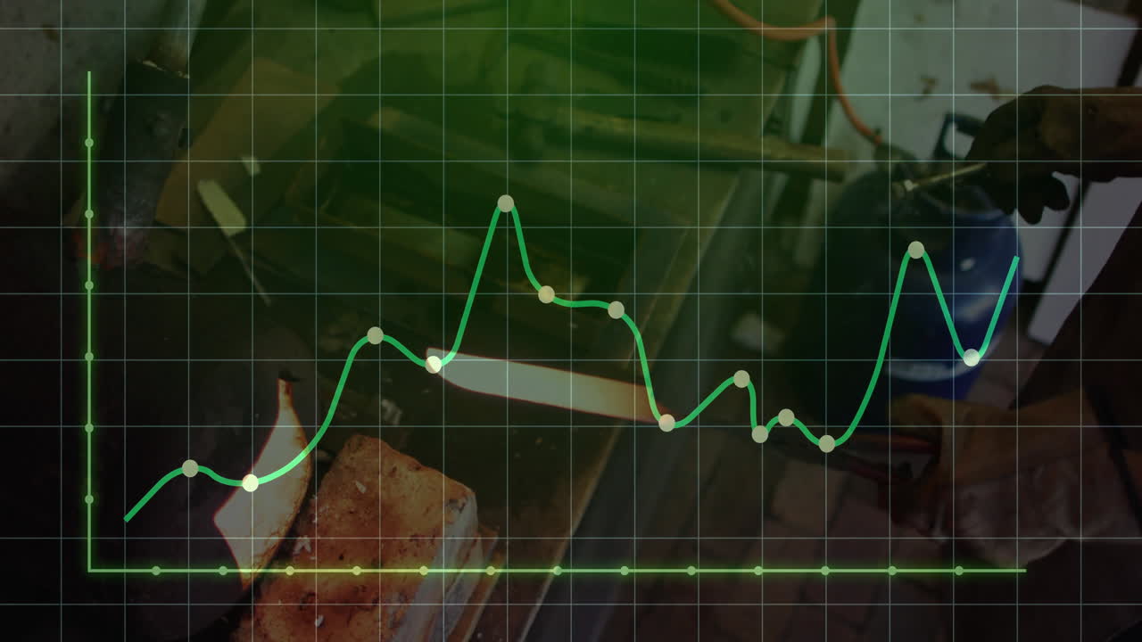 male blacksmith forging metal rod in industrial shop overlaying green line chart tracking output