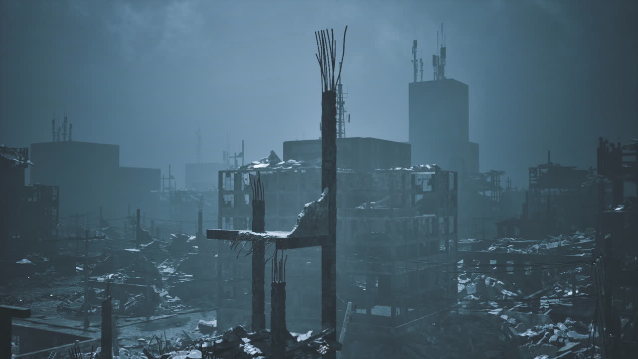 Urban landscape showing devastation in a post apocalyptic city at night