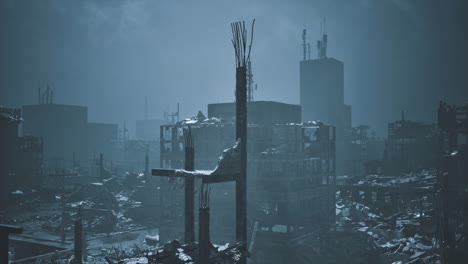 urban landscape showing devastation in a post apocalyptic city at night