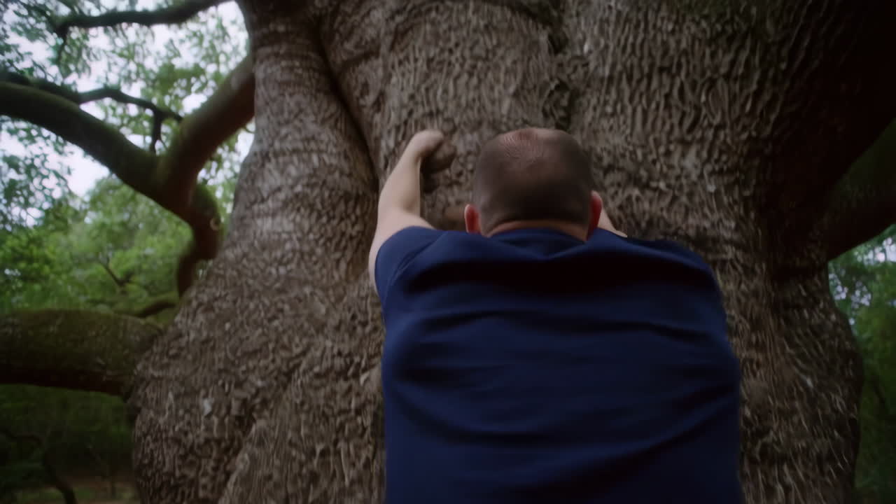 Man attempting to climb a large tree