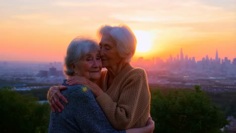two elderly women embracing at sunset