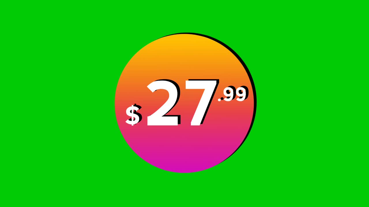 Animazione con prezzo di $27,99 dollari in grafiche animate a cerchio colorate su sfondo green screen. Perfetto come elemento video per annunci pubblicitari, e-commerce, vendita al dettaglio, sconti e concetti di business promozionali.