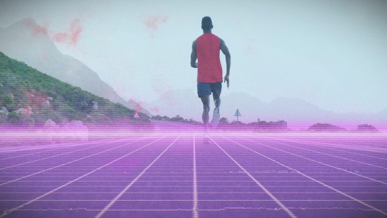 Running on futuristic purple grid landscape, runner in red shirt with mountains