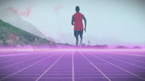 running on futuristic purple grid landscape, runner in red shirt with mountains