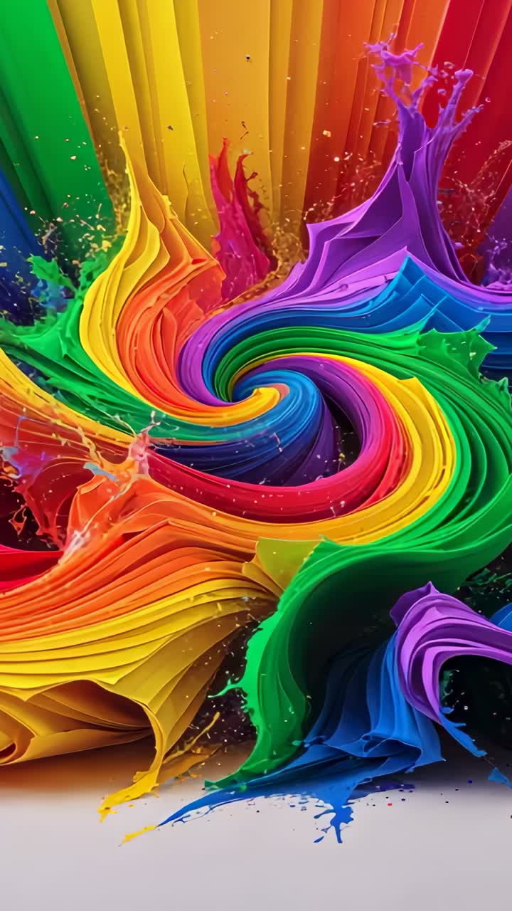 Video verticale: animazione con nastri arcobaleno che si attorcigliano a spirale in studio, creando un flusso