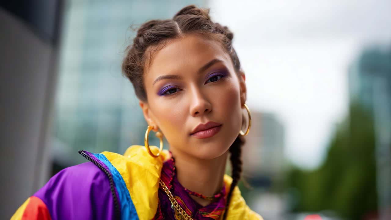 Confident Young Woman in Vibrant Streetwear with Stylish Braids Captured Against a Modern Urban Background, Emphasizing Fashion and Attitude