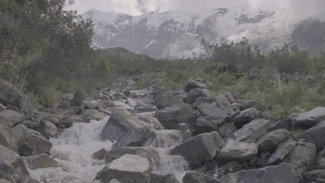 big river flowing down the mountain in slowmotion near the humantay lake peru log