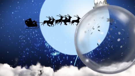 Animation-of-christmas-bauble-dangling-over-santa-claus-in-sleigh,-full-moon-and-snow-falling