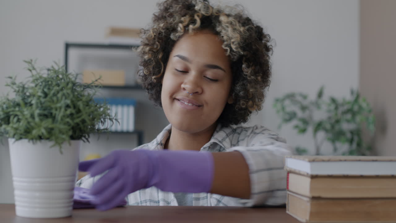 Woman cleaning a home office
