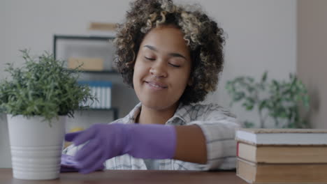 woman cleaning a home office