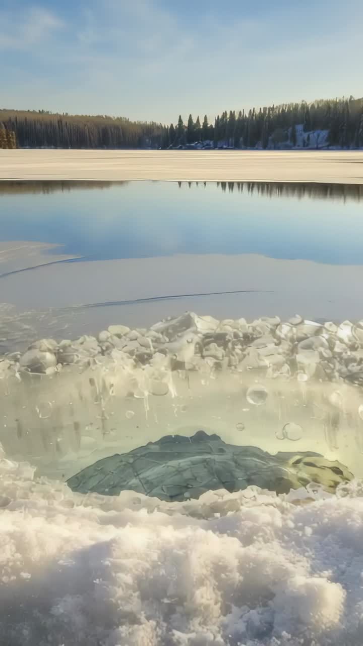 Vertical video: Falling ice disk slipping through cut-out hole and sinking in frozen lake, rippling