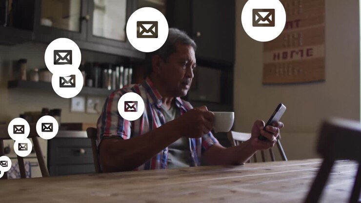 Multiple message icons floating against senior using smartphone at home