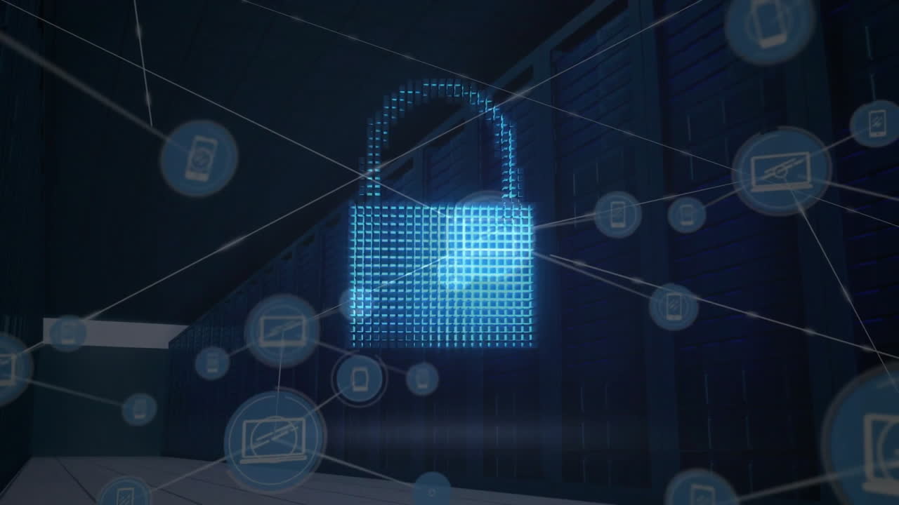 Animation of digital padlock and data processing over computer servers