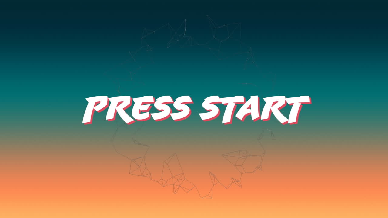 Animation of white text press start, over transparent rotating network, on sunset sky background