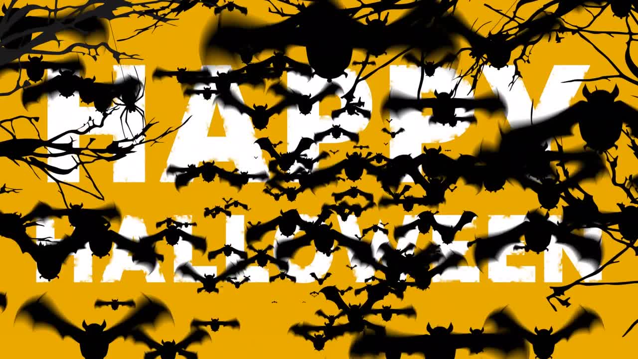 animación de texto feliz de halloween en blanco con araña y murciélagos negros, sobre fondo naranja