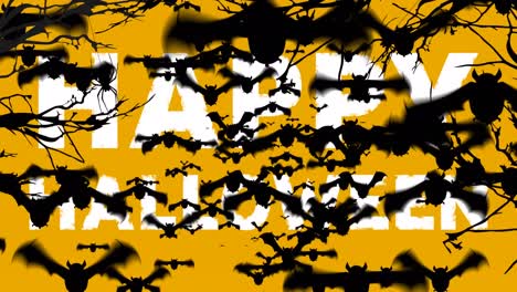 animation of happy halloween text in white with spider and black bats, on orange background