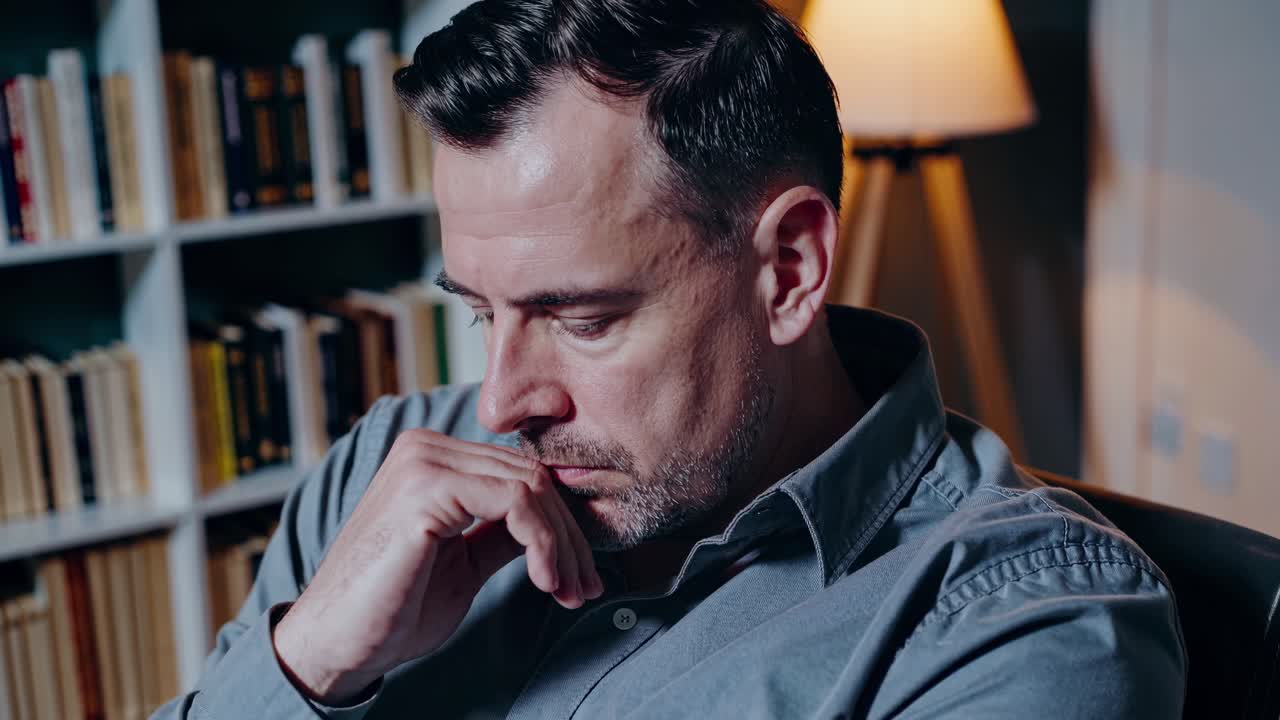 Mental health professional offering compassionate support, patient sitting pensively during therapy session, lowered gaze reflecting deep emotional processing near softly illuminated bookshelf