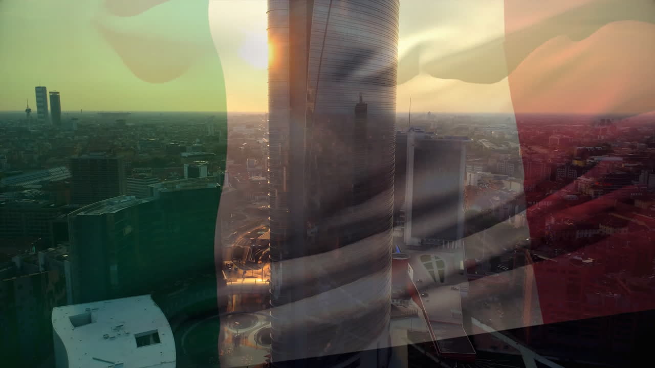 Italian flag animation over cityscape with modern skyscrapers and buildings