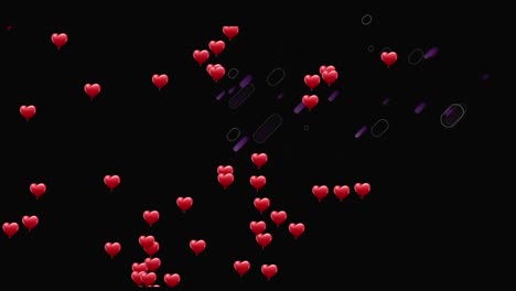 Animation-of-hearts-over-purple-lines-on-black-background