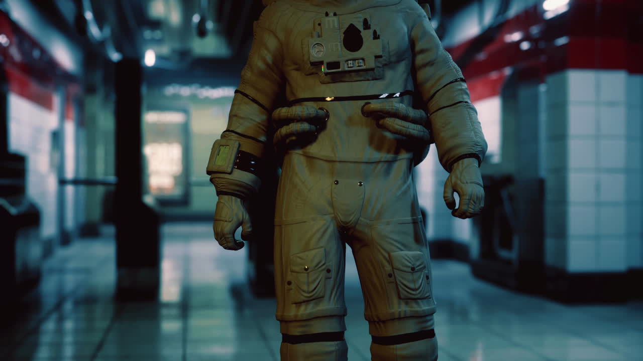Astronaut explores an abandoned subway station in a futuristic setting