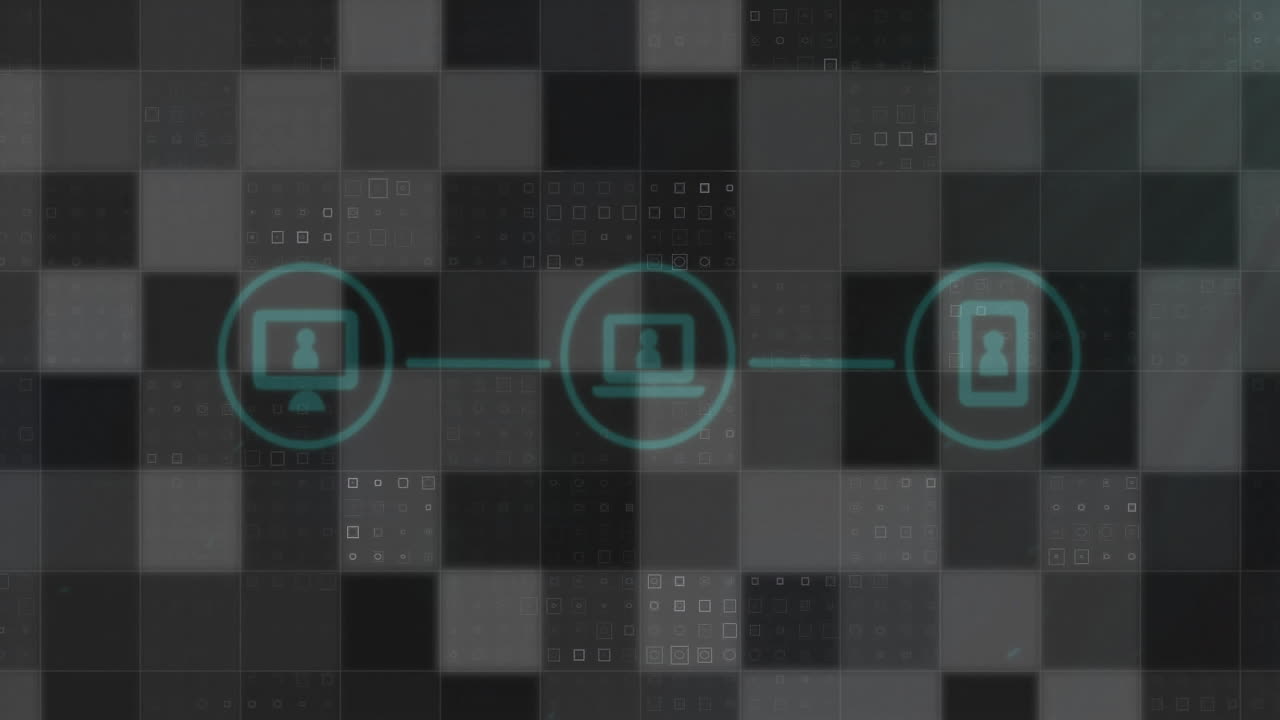 animación de red digital sobre un fondo pixelado, que muestra iconos de computadoras, portátiles y tabletas