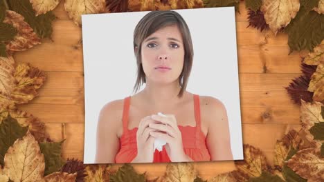 muestra a una mujer que sufre de alergia estornudando y un marco de hojas de otoño 4k