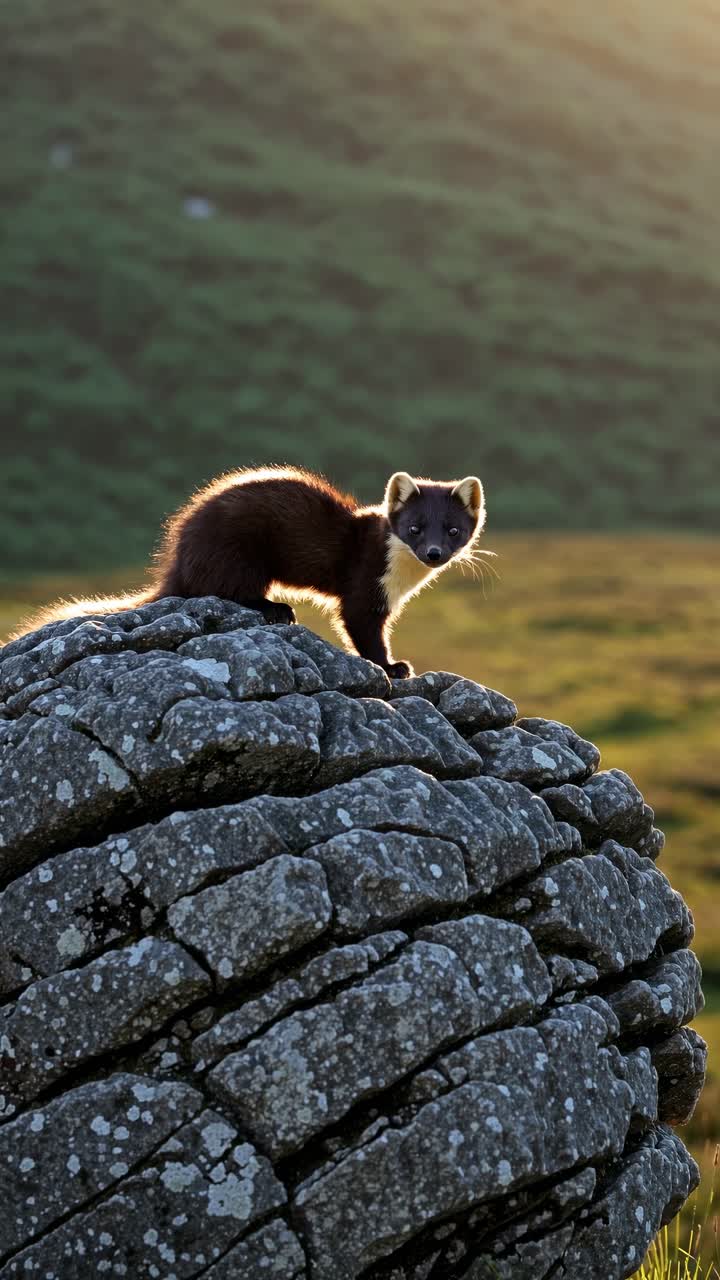 A pine marten on a large rock, in a natural setting. The pine marten, with its sleek fur, stands