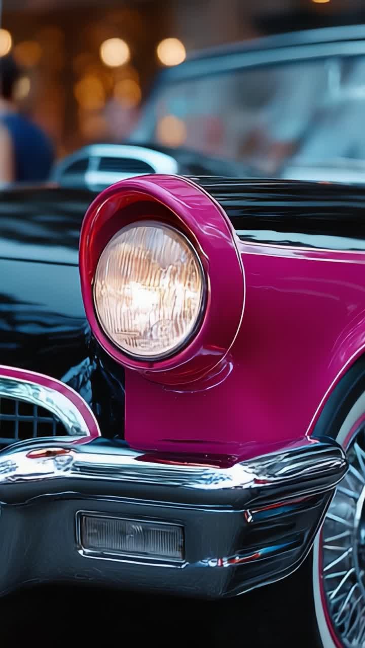 Ein Oldtimer mit einem atemberaubenden, abgerundeten, pinkfarbenen Scheinwerfer, der klassische Designelemente und glänzende Chromakzente in einer fesselnden städtischen Umgebung präsentiert